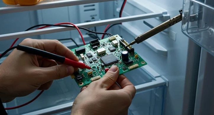 Upfix technician repairing a microwave control board